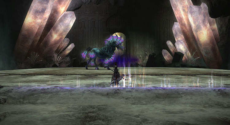 The monstrous Kelpie guards the entrance to the ruins proper of the Drowned City. / FFXIV