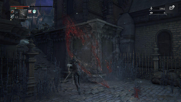 A circle of blood flying from the Chikage’s blade / Bloodborne