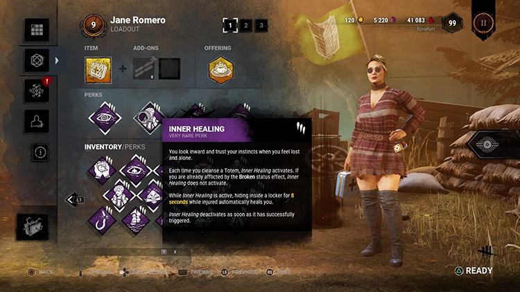 Jane Romero next to the information on the Inner Healing perk / Dead By Daylight