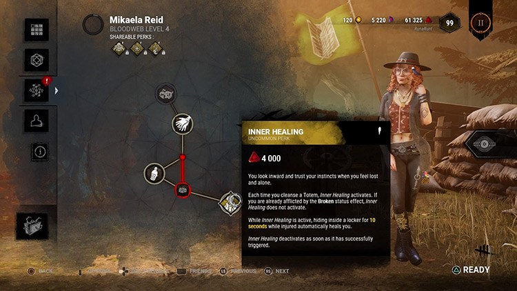 Mikaela Reid next to the Inner Healing perk in the bloodweb / Dead By Daylight
