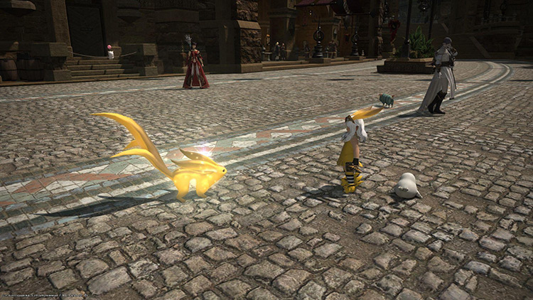 A Lalafell and her color-coordinated Topaz Carbuncle have a staring contest in Ul’dah / Final Fantasy XIV