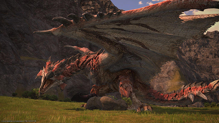 The Rathalos stalks its prey on the Azim Steppe, but will soon run out of Dzos to devour / Final Fantasy XIV