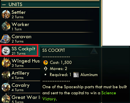 Selecting the SS Cockpit in the Units List / Civ 5