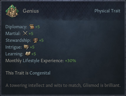 The Genius trait in-game / Crusader Kings III