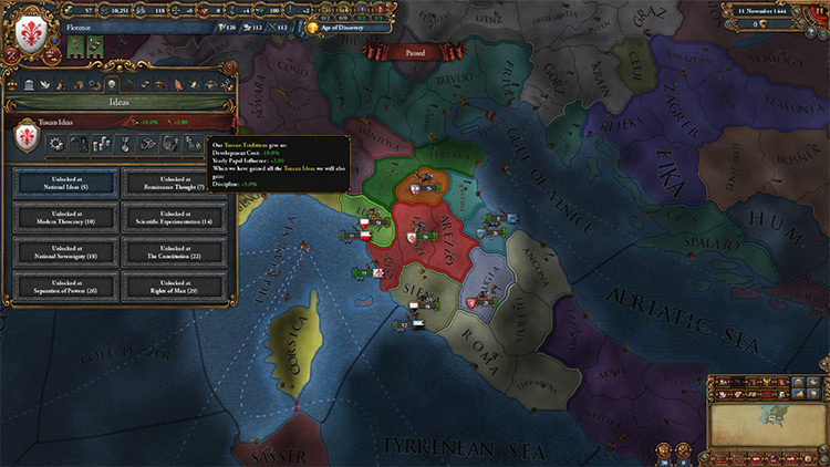 Florence's starting position and national idea set / Europa Universalis IV