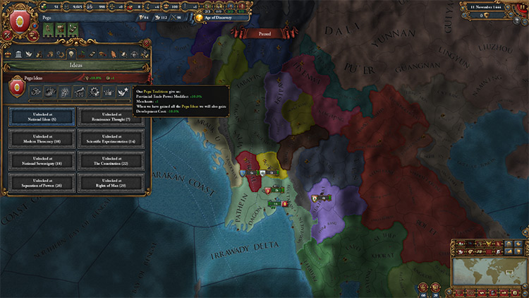 Pegu's starting position and national idea set / Europa Universalis IV