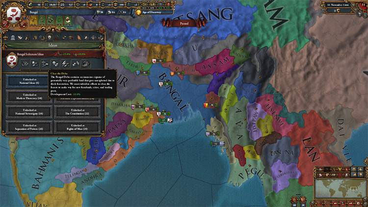 Bengal's starting position and national idea set / EU4