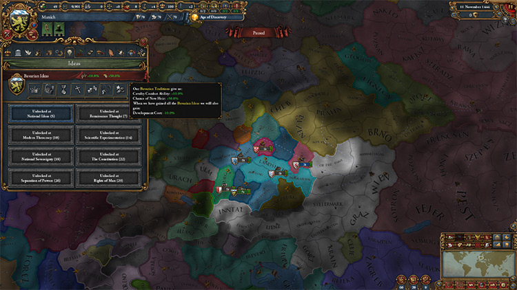 Bavaria's starting position and national idea set / EU4