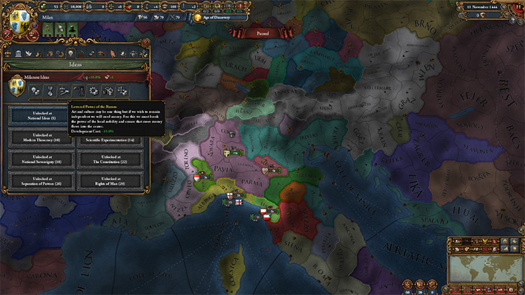 Milan's starting position and national idea set / Europa Universalis IV