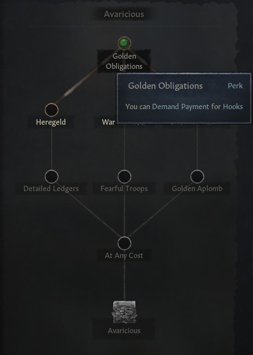 The “Golden Obligations” perk in the “Avaricious” tree. / CK3