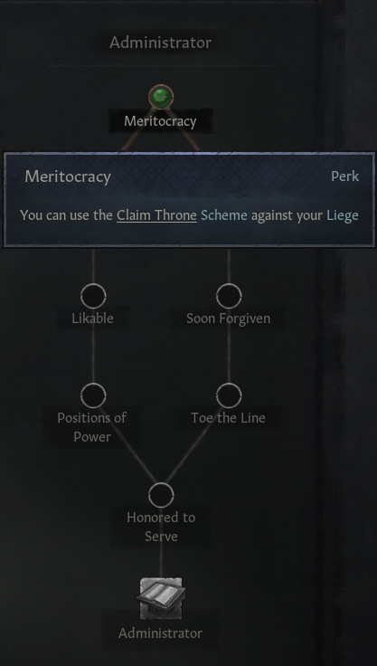 The “Meritocracy” perk in the “Administrator” tree. / CK3