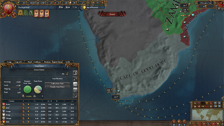 The Cape of Good Hope trade node, corresponding to the South African charter / Europa Universalis IV