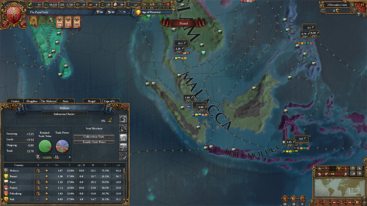 The Malacca trade node, corresponding to the Indonesia charter / Europa Universalis IV
