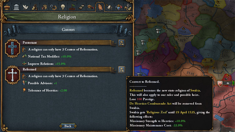 Picking the Reformed faith in the Religion tab / EU4