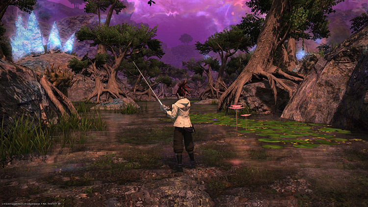 Fishing during Gloam weather in Mor Dhona, the only time you can catch the Ninja Betta / Final Fantasy XIV
