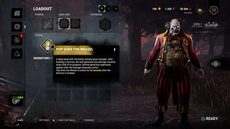 The Clown next to the information about the Pop Goes The Weasel perk / Dead By Daylight