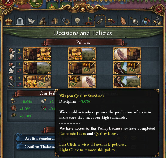 Policies are set from the “Policies and Decisions” tab. Highlighted the relevant “Weapon Quality Standards” policy / EU4