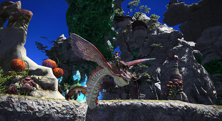 The Sanuwa Mount mimics the Waukkeon, but comes in sleek red instead of blue. / FFXIV