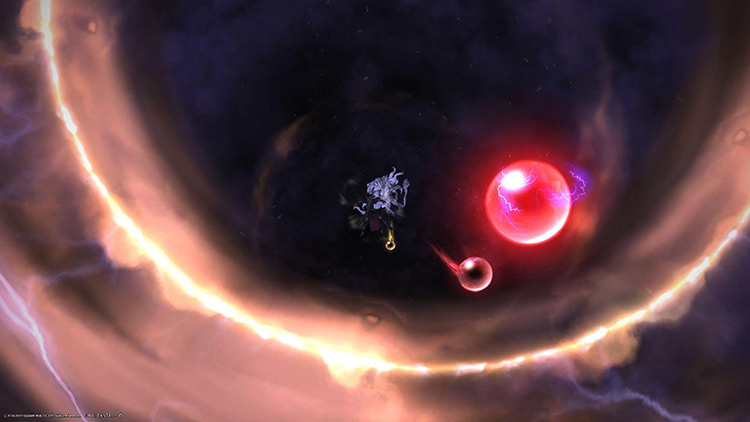 Dodging Byakko’s lightning orbs as you plummet through a vortex / Final Fantasy XIV