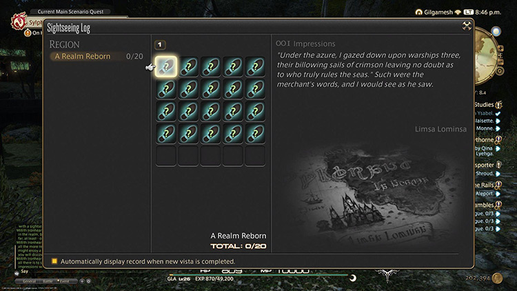 The Sightseeing Log offers cryptic clues and a general location for each entry / FFXIV