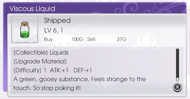 Viscous Liquid description - A Ribbitee family drop / Rune Factory 5