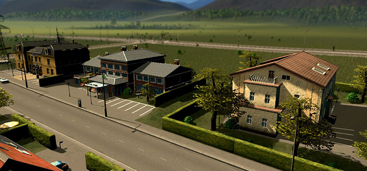 A police station, medical clinic, and elementary school. / Cities: Skylines