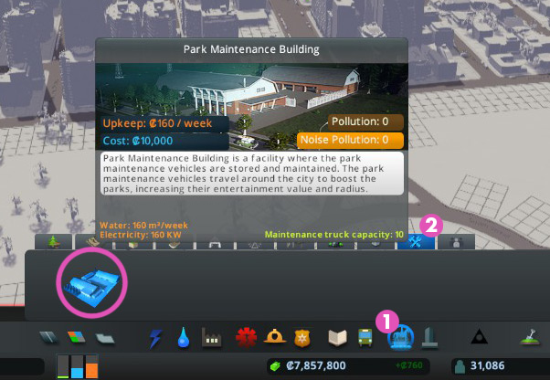 To find the park maintenance building, go to the Parks and Plazas menu (1), and click on the park maintenance tab (2) / Cities: Skylines
