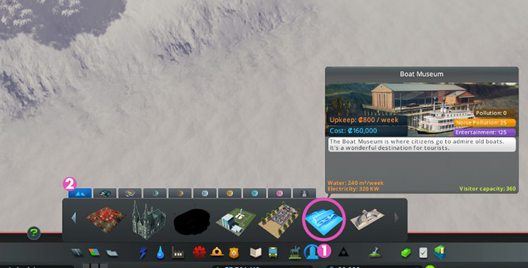 The Boat Museum in the Landmarks tab of the Unique Buildings menu / Cities: Skylines