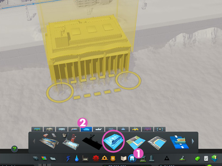 Go to the Transport menu (1), and click the Ship tab (2) to find the ferry buildings / Cities: Skylines