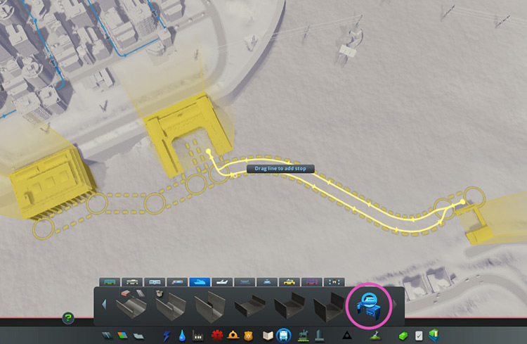This simple ferry line goes back and forth between the ferry pier and ferry stop / Cities: Skylines