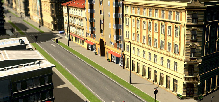 Residential buildings using the European district style (Cities Skylines)