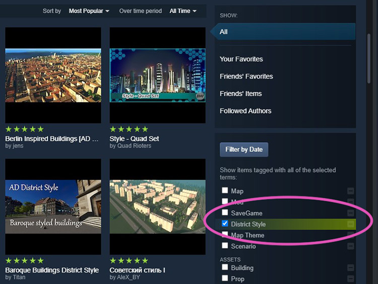 Select the ‘District Style’ filter on the Steam Workshop. / Cities: Skylines