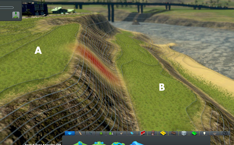 Let’s say, for example, you want a gradual slope here instead of it looking like two distinct steps. / Cities: Skylines
