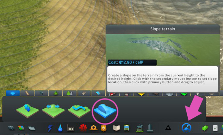 Select the Slope Tool by going to the Landscaping menu. / Cities: Skylines