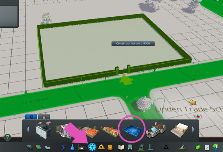 Building a cemetery from the Healthcare menu. / Cities: Skylines