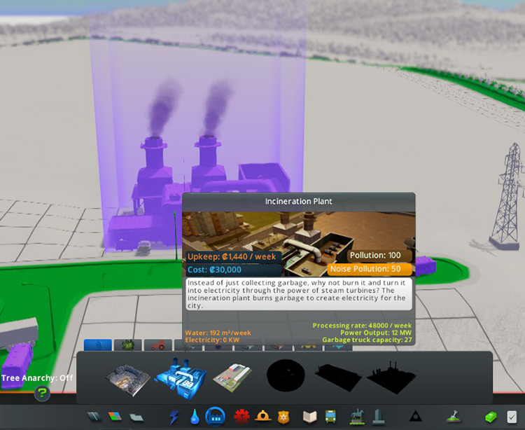 The incineration plant in the Garbage and Industry build menu. / Cities: Skylines