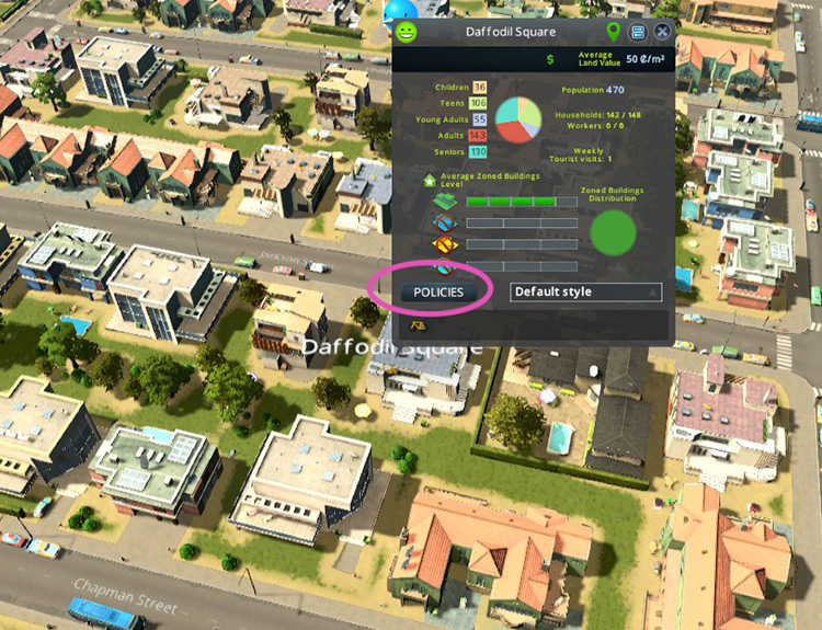 Click on the city name, and click Policies on the pop-up panel. / Cities: Skylines