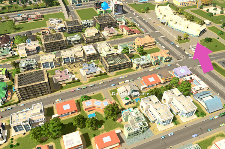 A nearby Mall of Moderation had been lowering the land value slightly and preventing these houses from upgrading, but the high-tech housing policy did the trick. / Cities: Skylines