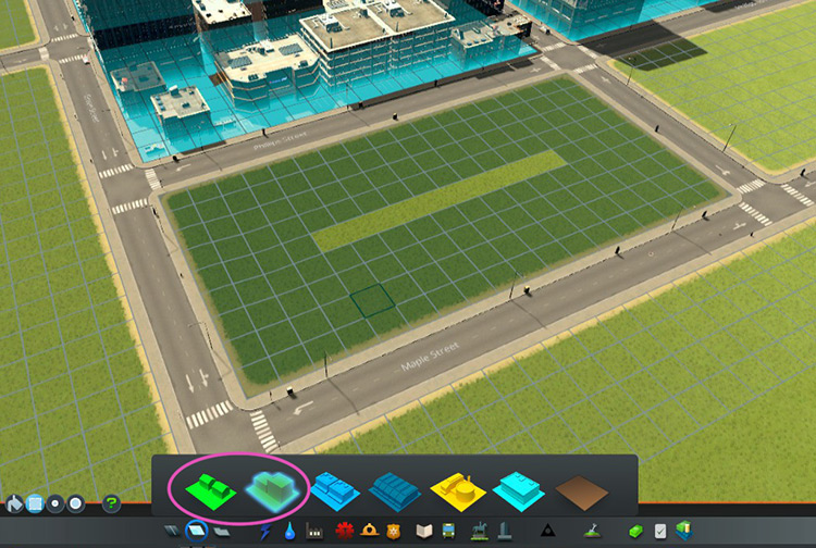 A newly placed patch of residential zoning with nothing growing on it yet / Cities: Skylines