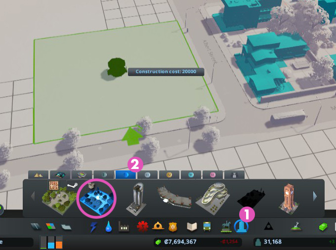 You’ll find the Friendly Neighborhood Park by going to the Unique Buildings menu (1), and clicking on the level 2 tab (2) / Cities: Skylines