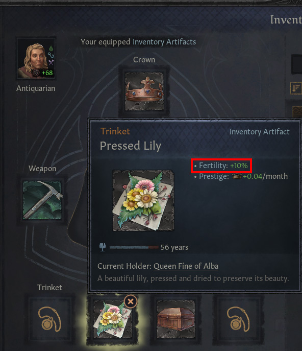 A pressed lily artifact with its +10% fertility buff highlighted / Crusader Kings III