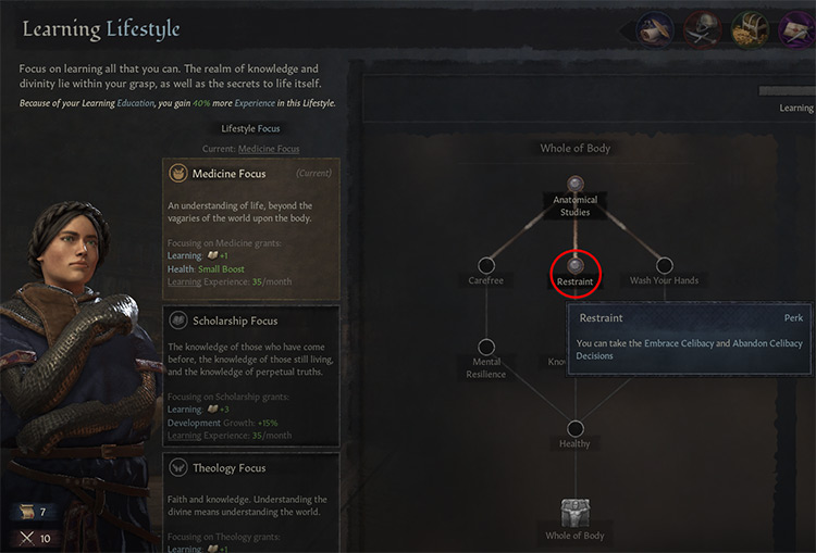 The learning lifestyle tree, with the “restraint” perk selected and highlighted / Crusader Kings III