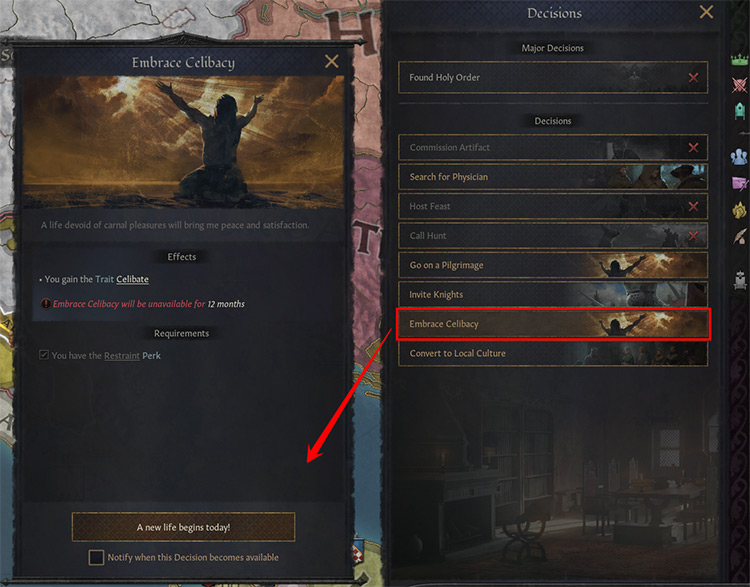 The “embrace celibacy” decision is highlighted in the decisions menu / Crusader Kings III