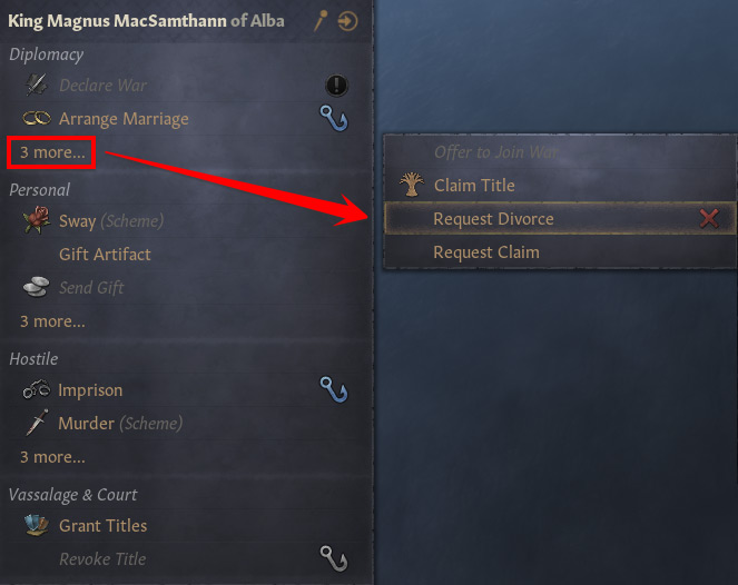 The “request divorce” option is highlighted under “diplomacy; more” / Crusader Kings III