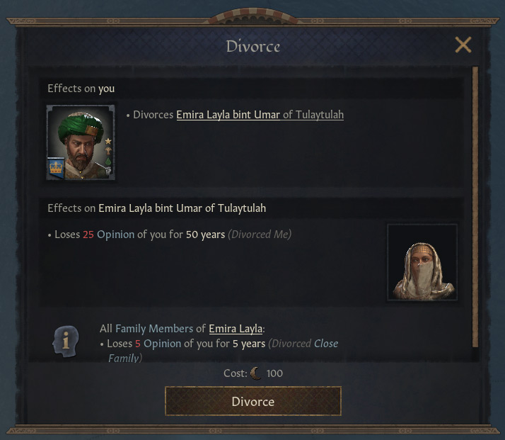 A Muwalladi divorce window. It’s possible to divorce for 100 piety at any time / Crusader Kings III