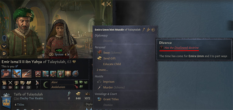 For an Alevi character, the divorce option is grayed out due to their religious doctrine / Crusader Kings III