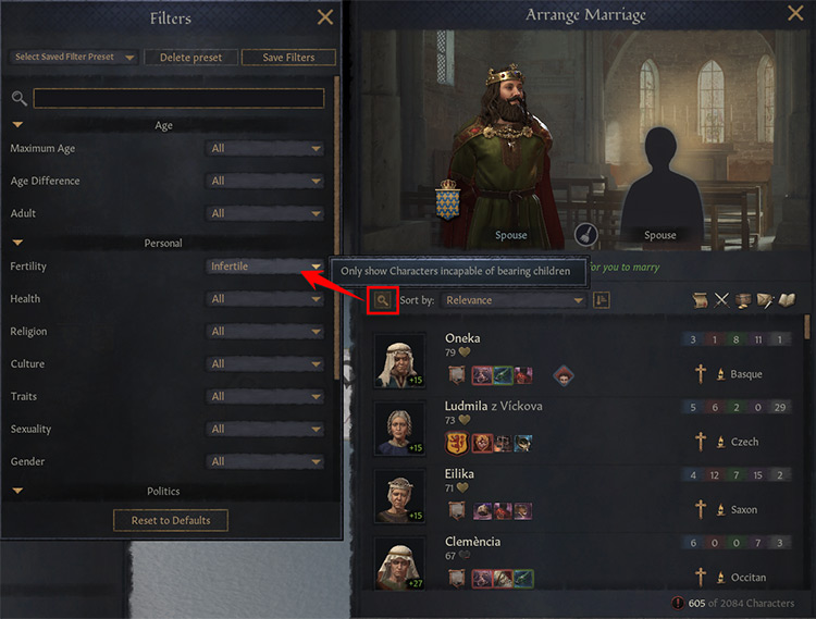 A marriage search sorted by “infertile,” with the filter menu highlighted / Crusader Kings III