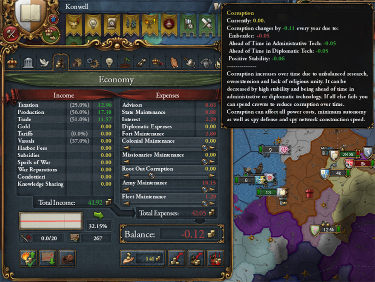 While the Root Out Corruption slider is slightly below half, it costs nothing as corruption is not increasing, as seen on the top left. The screenshot is from the Anbennar mod. / EU4