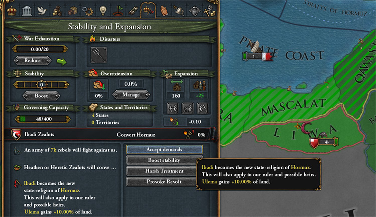 Accepting the rebels' demands. Make sure the text on the left says Ibadi becomes the new state-religion of X. / EU4