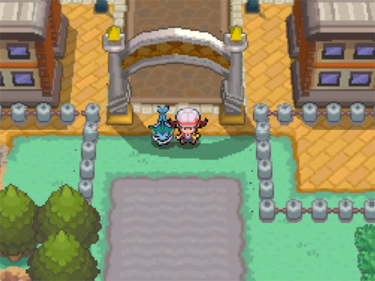 The south gate of Goldenrod City, leading out onto Route 34 / Pokemon HGSS